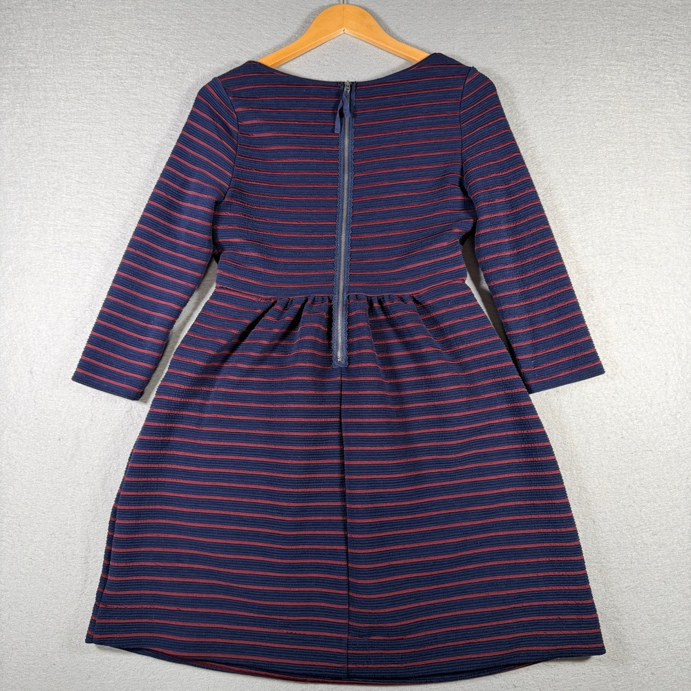 Maeve Anthropologie Navy Burgundy Striped Fit Flare Dress Pockets 3/4 Sleeve 4 - Picture 2 of 13